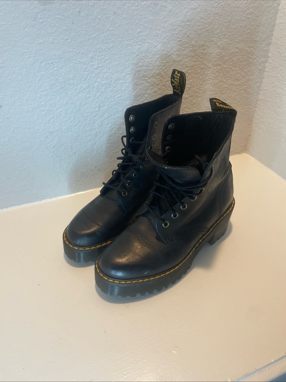 Dr. Martens Black Leather Platform Lace-Up Boots with Yellow Stitching - Picture 2 of 10